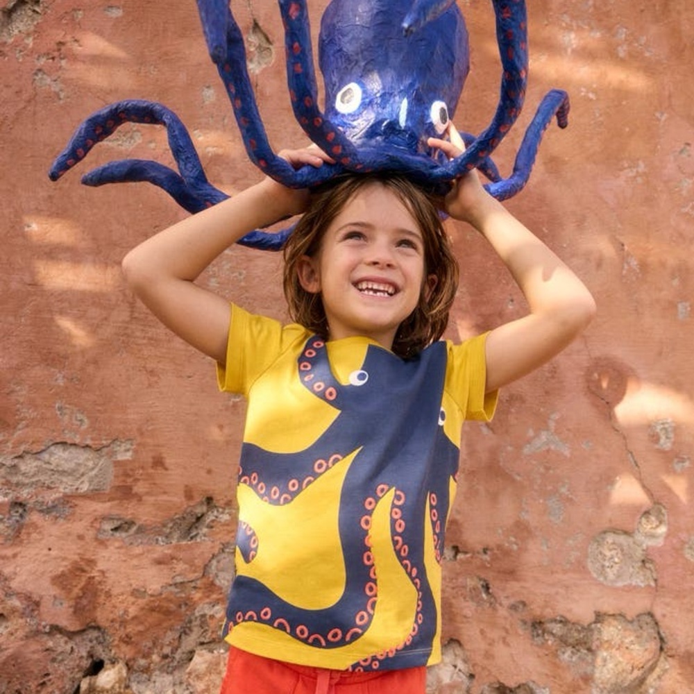 Mini Boden Yellow and Blue Octopus Kids Shirt - 6-7 years
